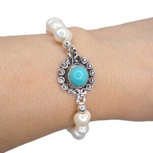 Handmade 925 Sterling Silver Turquoise and White Pearl Stretch Bracelet